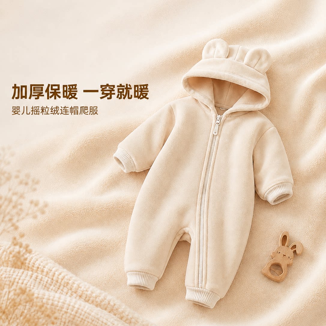 婴儿连体衣加厚保暖带帽拉链家居服加绒新生儿宝宝爬服连帽秋冬款