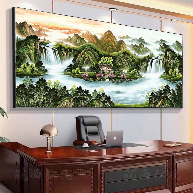 流水生财办公室挂画客盆聚宝装流水生财饰画国山水画靠山图茶室厅