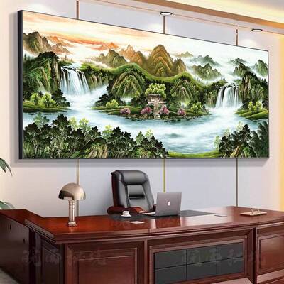 流水生财办公室挂画客盆聚宝装流水生财饰画国山水画靠山图茶室厅