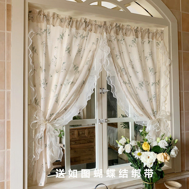 法式田园韩式半遮光窗帘布透光不透人免打孔O自粘贴飘窗客厅落地