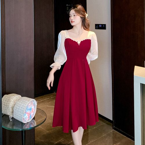 温柔风敬酒服小个子新娘订婚连衣裙平时可穿红色礼服女夏季回门