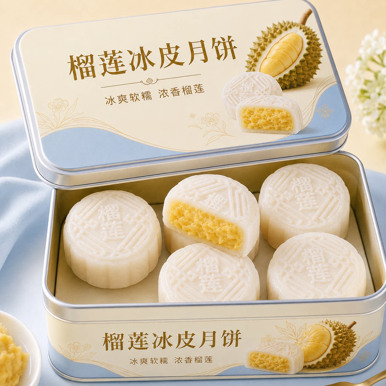 榴莲冰皮月饼广式流心水果点心包装袋盒中秋节礼品月饼官方旗舰店