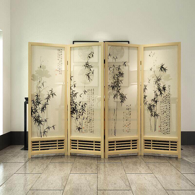 中式屏风隔断客厅办公室酒店可移动折叠布艺实木折屏郑板桥十竹图