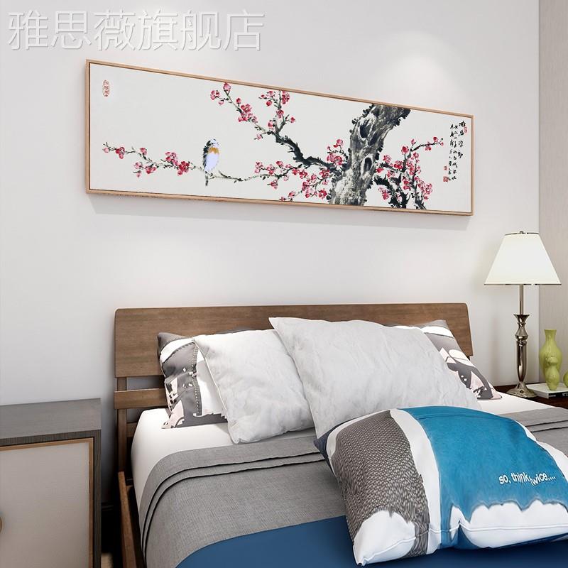 网红新中式头画卉民国画酒店花宿房间卧室床装饰荷花挂画桃花画水