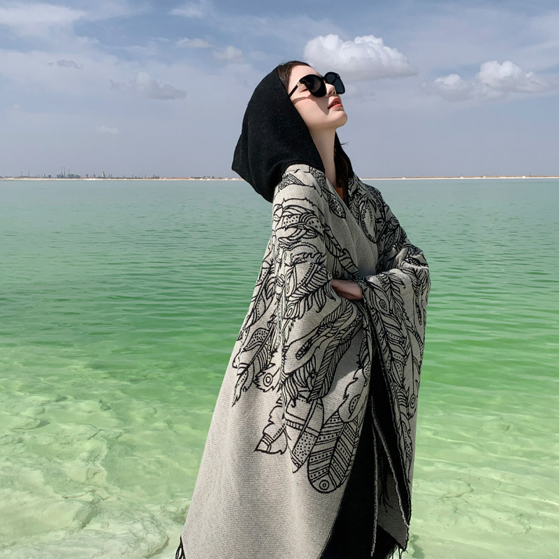 保暖披肩围巾草原j沙漠旅游外搭拍照异域民族风带帽斗篷女披风101