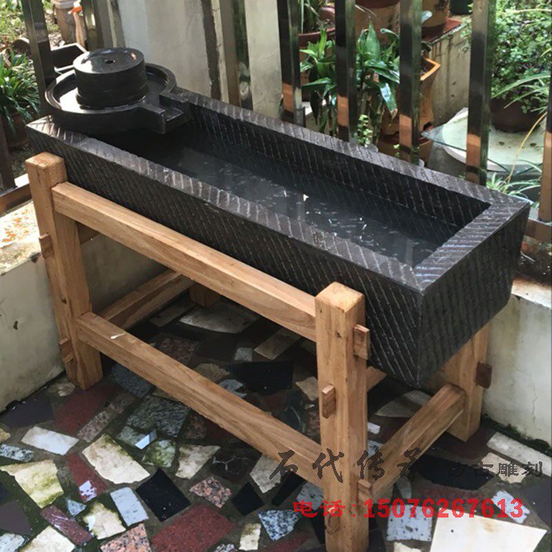 老石槽鱼缸石盆花盆马槽洗手盆养鱼池石雕木架子青石X石磨流水摆