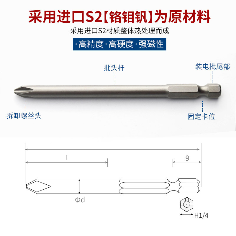 批头 起子头电批头6.35mm电批咀螺丝刀电动 S2套装加长75-100mm