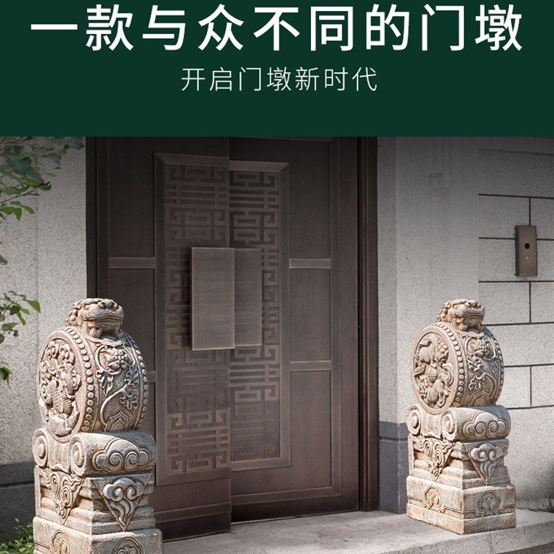 石雕门墩抱鼓石狮子一对中式别墅门口摆件天然汉白玉做旧石鼓门墩