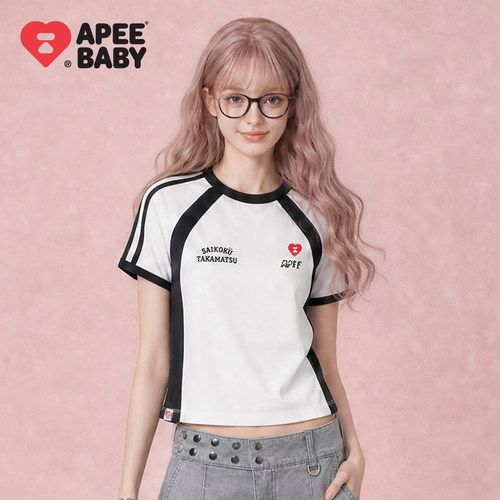 APEE撞色拼接甜美短袖女