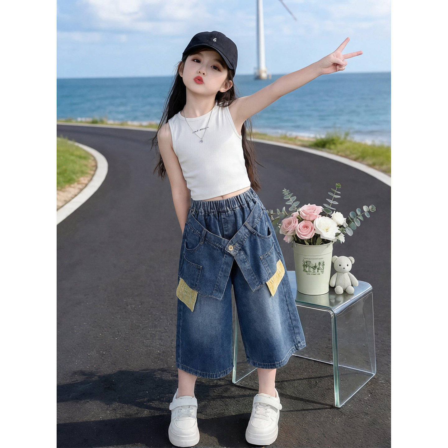 街头牛仔风女夏季无袖背心阔腿裤两件套时尚洋气休闲套装女童街头