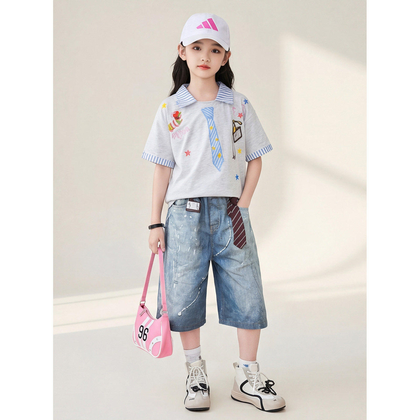 女童夏季学院风创意领带印花POLO
