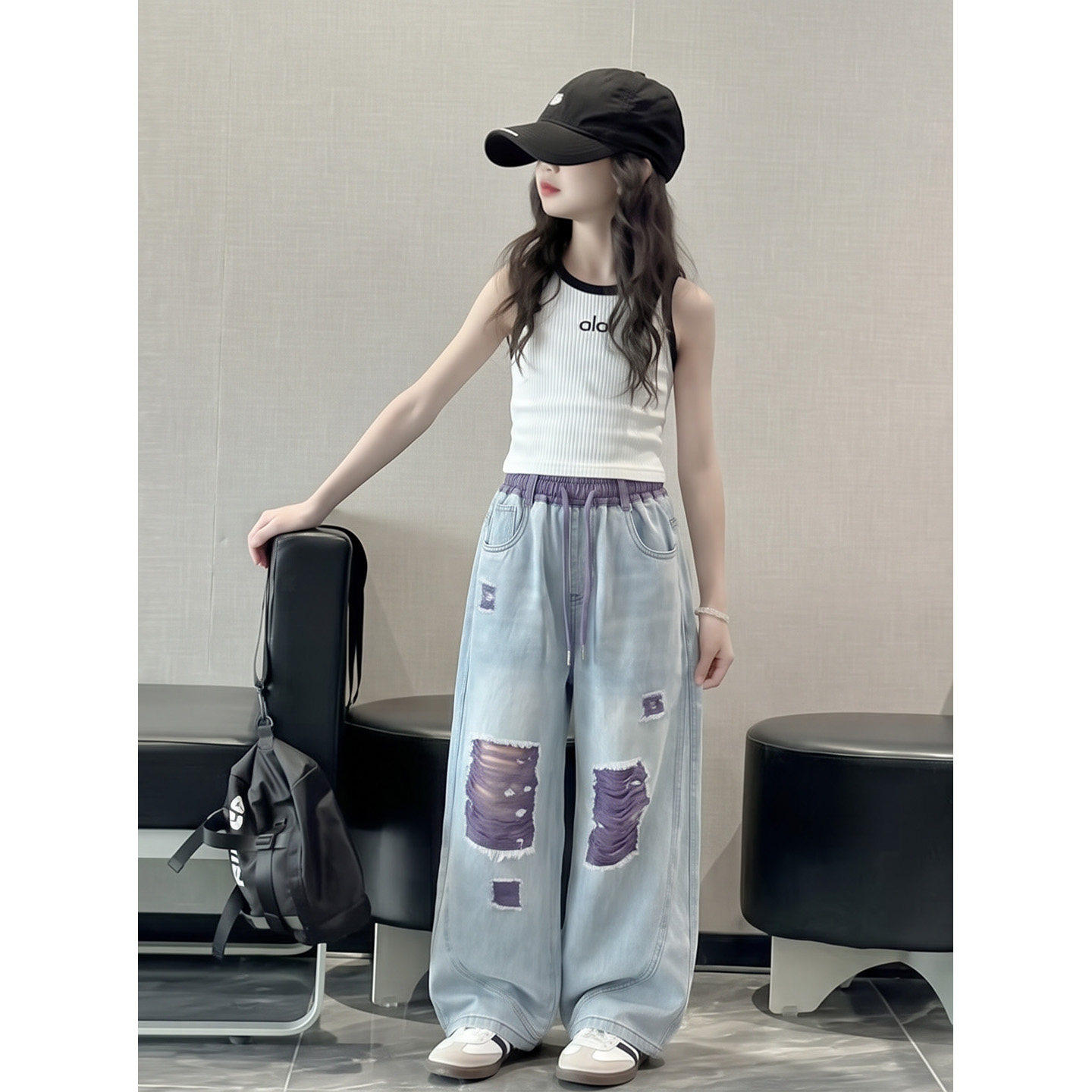 美式风破洞牛仔裤套装女宽松休闲