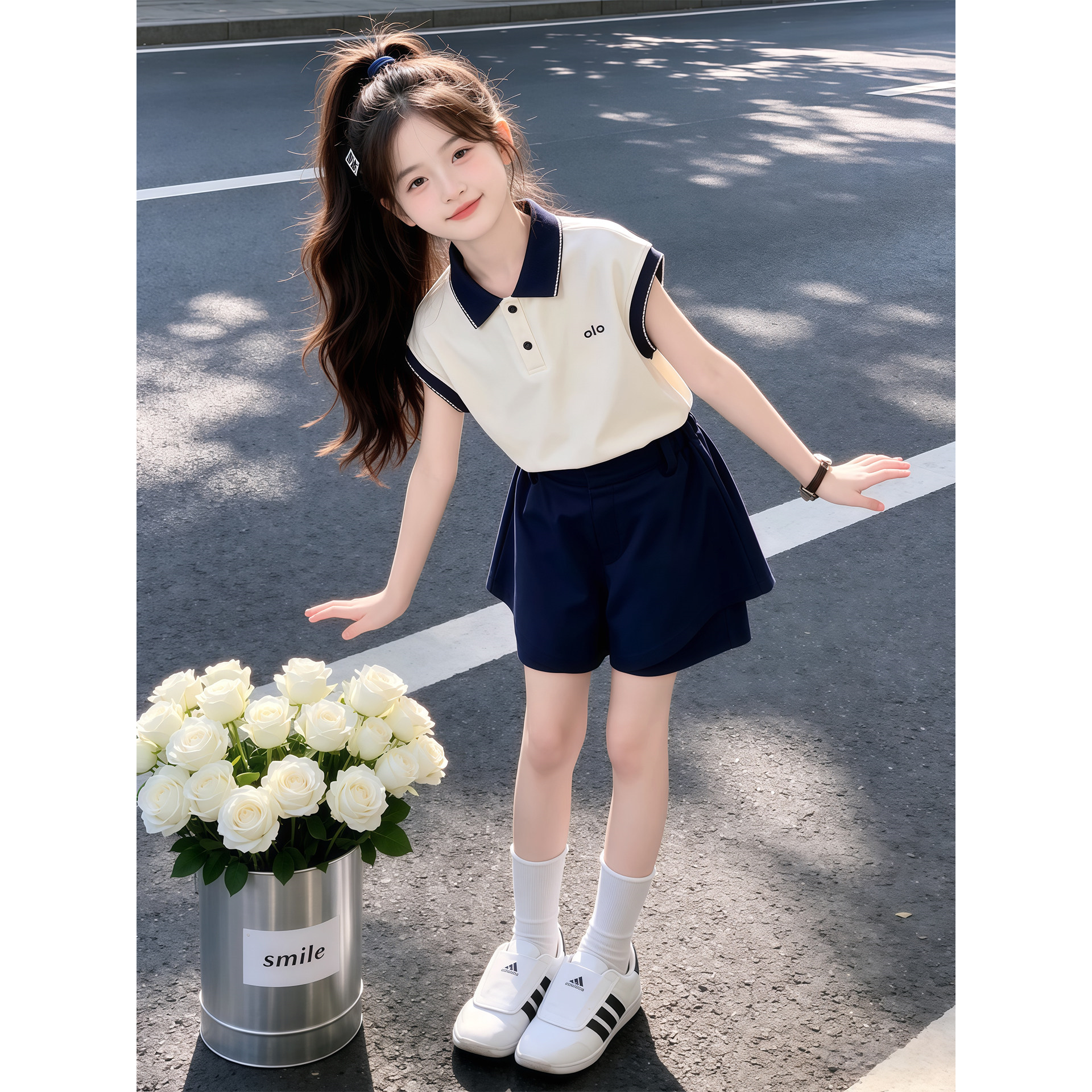 女童套装2026新款夏季儿童polo衫短袖T恤洋气巨好看裤裙两件套潮