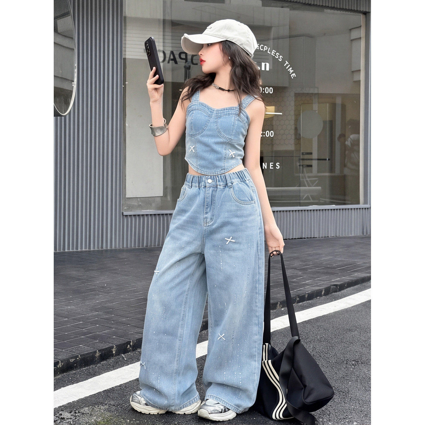 女童夏薄款牛仔阔腿裤烫钻蝴蝶结