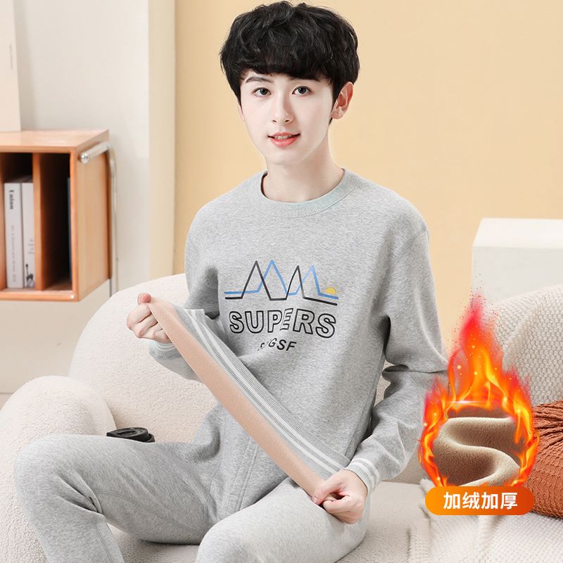 青少年加绒加厚j保暖内衣套装冬季超柔一体绒防寒男大童秋衣秋裤