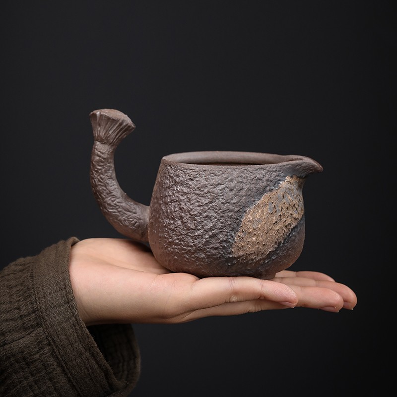莲蓬侧把公道杯 老岩泥粗陶手工C茶具鎏金铁釉公杯防烫大号分茶器