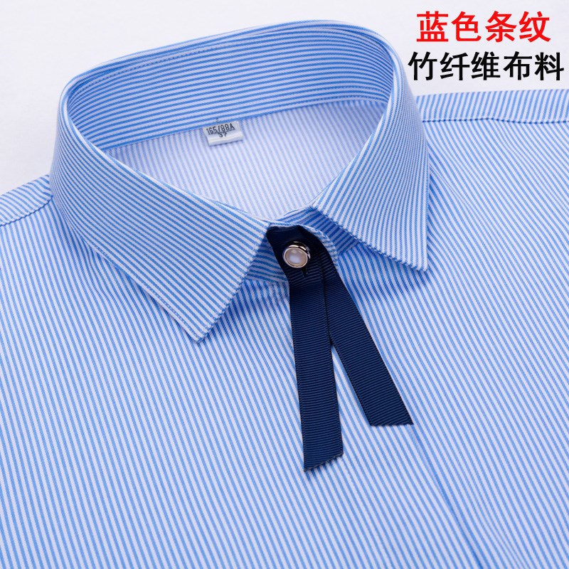 女士职业蓝色条纹长m袖衬衫竹纤维方领白底蓝色条正装衬衣工装寸
