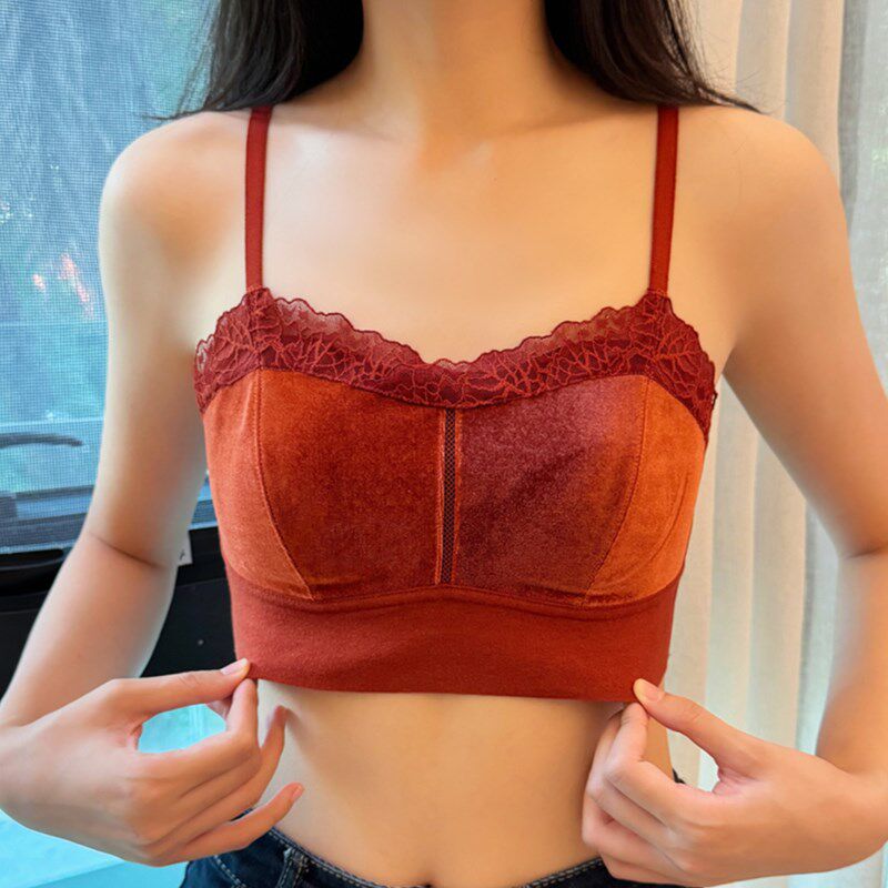 丝绒薄款内衣女大胸显小胸聚拢y保暖本命年红色抹胸式防走光文胸