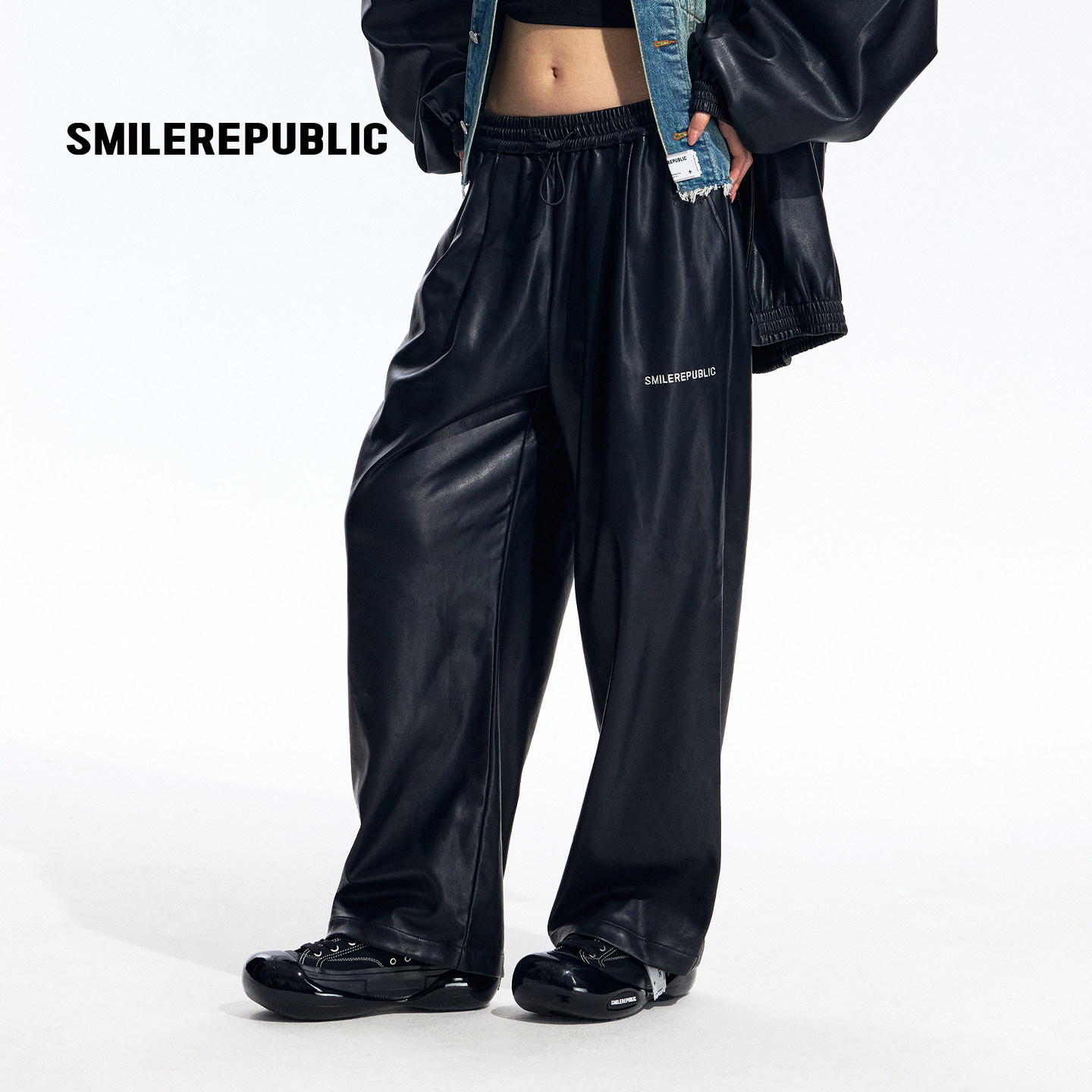 smilerepublicPU皮直筒长裤秋