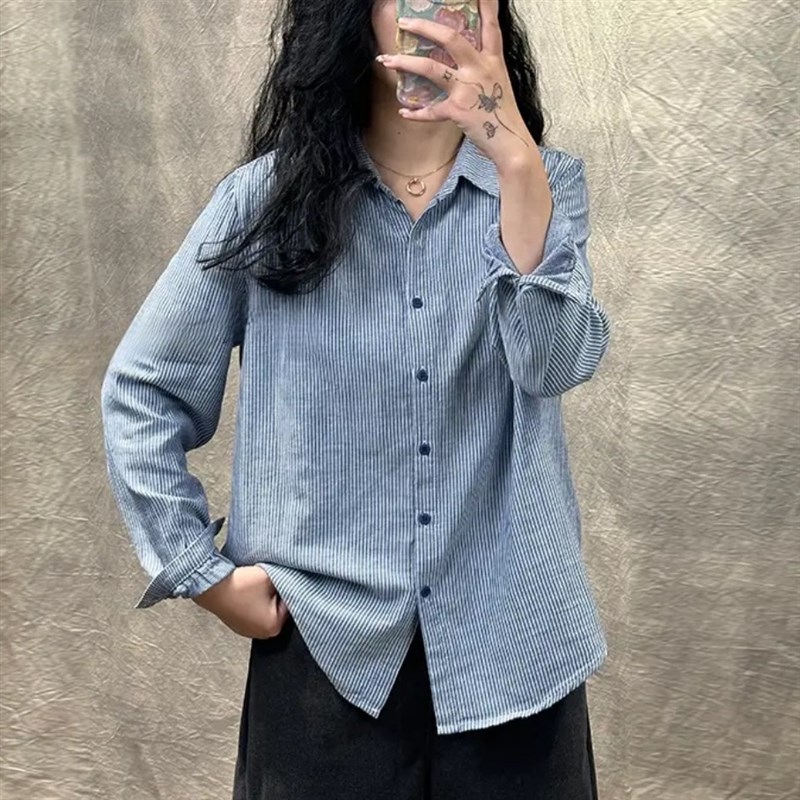 全棉双层棉纱2024o春秋季新款文艺条纹衬衫女百搭显瘦长袖宽松衬