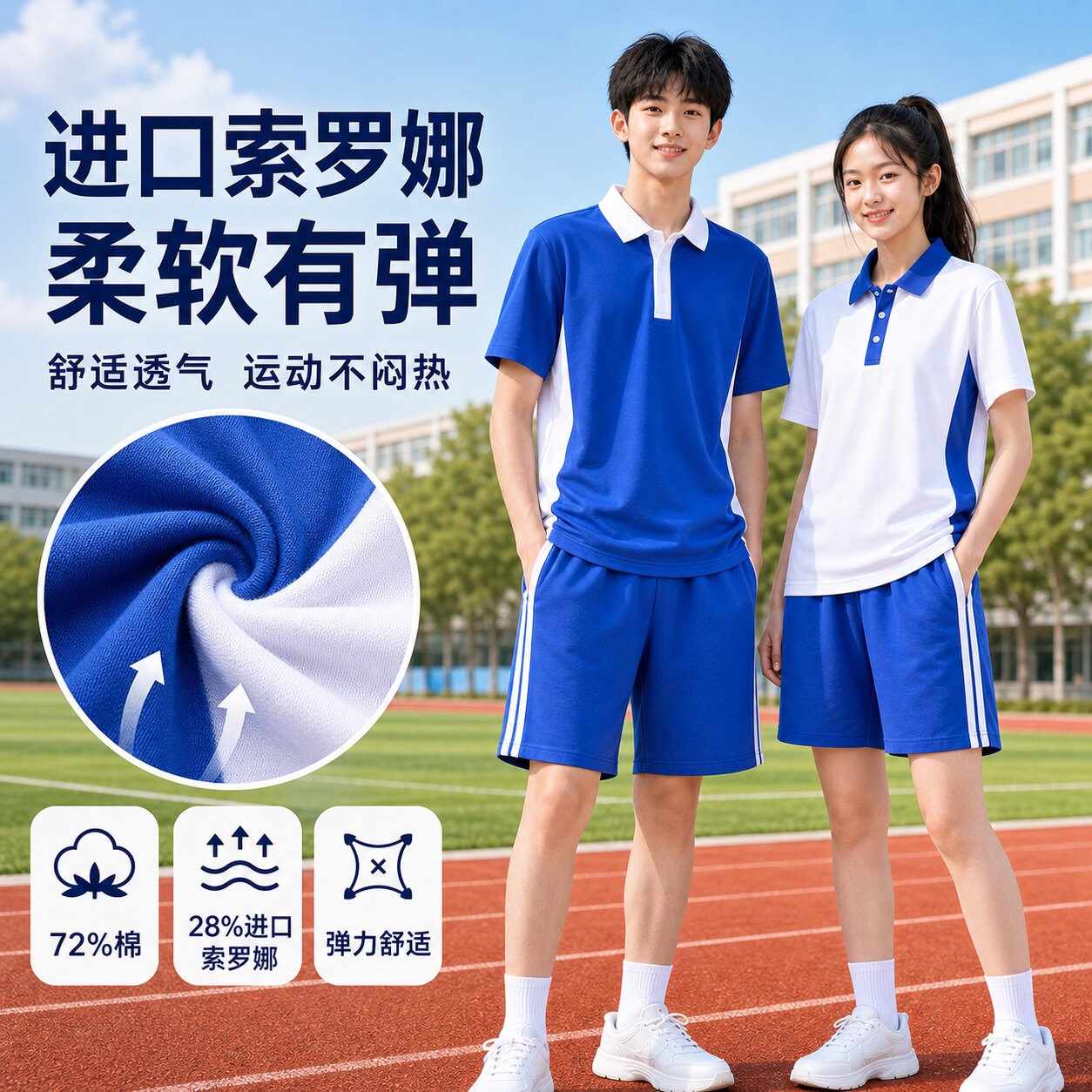 深圳校服索罗娜中学套装男女夏季速干冰丝短袖短裤蓝色学生运动装