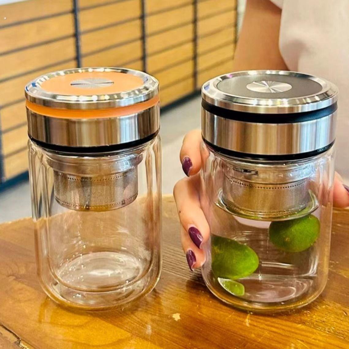 耐高温双层玻璃杯茶水分离保温高档高颜值防烫加厚矮胖杯办公室