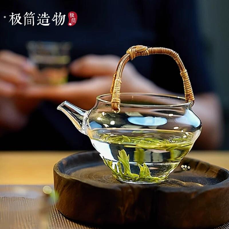 日式藤编提梁高硼硅一人饮玻璃绿茶公道杯家用冷泡茶壶轻奢分茶器