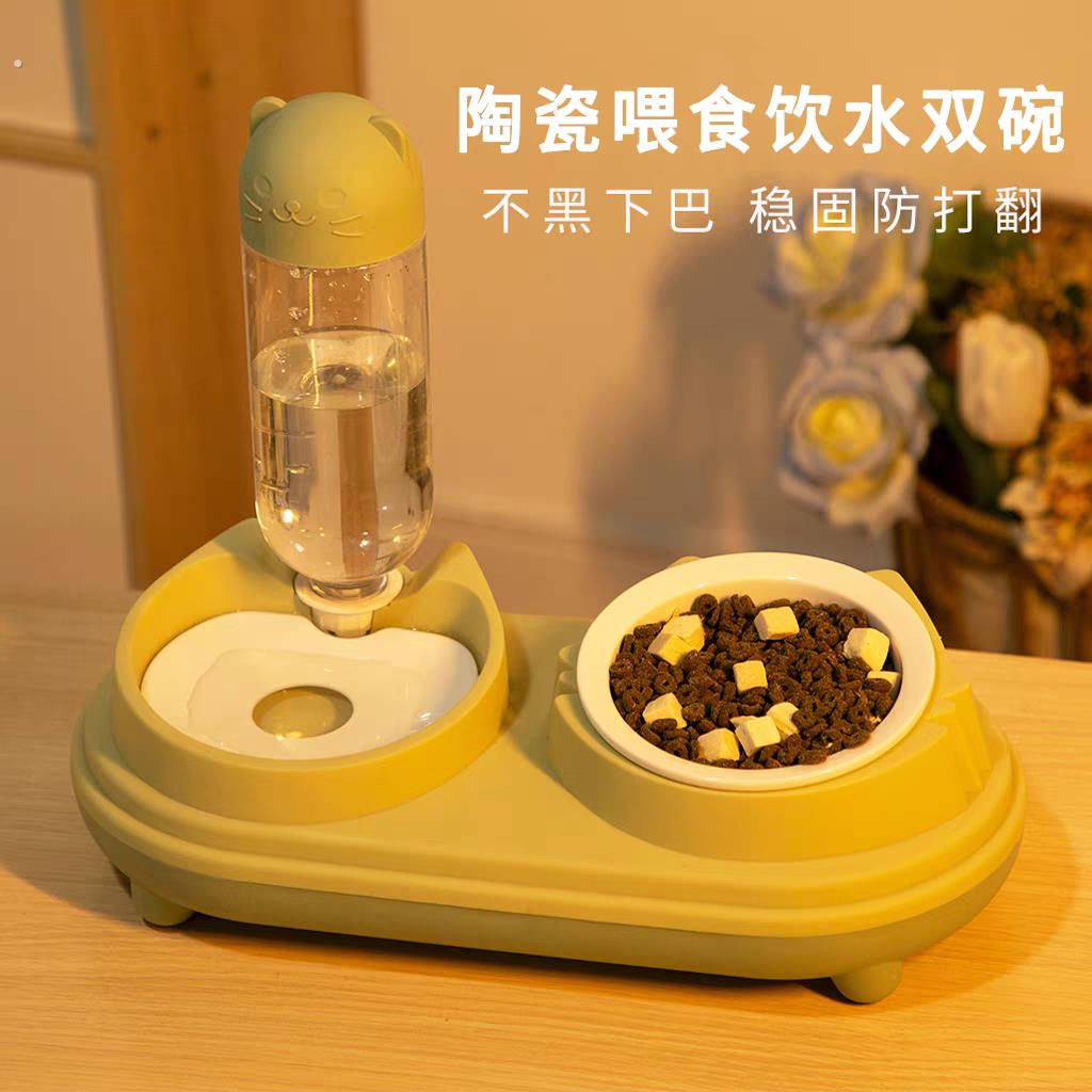 陶瓷猫碗双碗自动饮水防打翻猫咪水碗宠物狗狗碗食盆狗饭盆一体碗