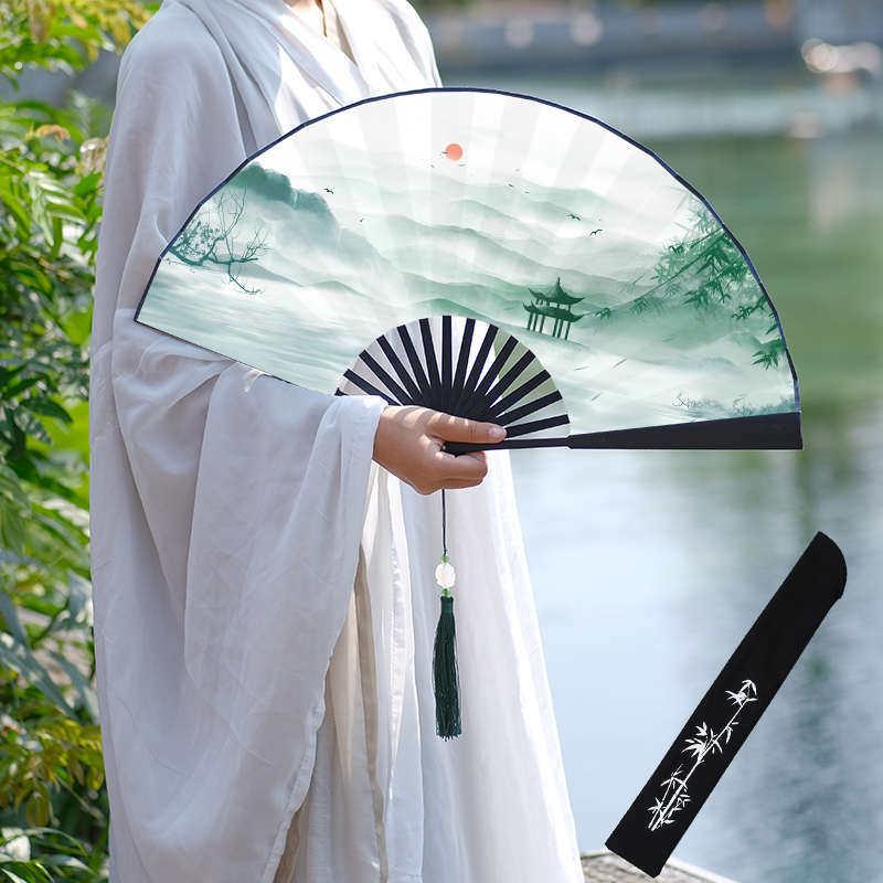 折扇中国风新中式晨袍汉服道具功夫扇复古风十寸绢布竹子舞蹈扇子