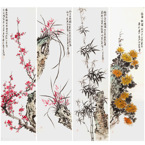 客厅办公室装饰j手绘水墨四条屏梅兰竹菊四君子四扇屏国画花鸟挂