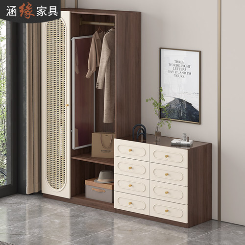 中古风仿藤编卧室斗柜衣帽架一体穿衣镜G储物柜床尾挂衣架衣柜7A6