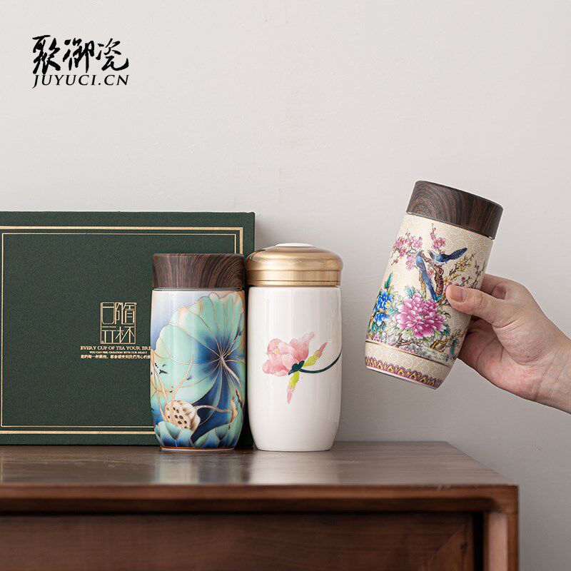 双层陶瓷保温杯女 中式保冷杯 密封防漏便M携车载直饮泡茶杯子刻