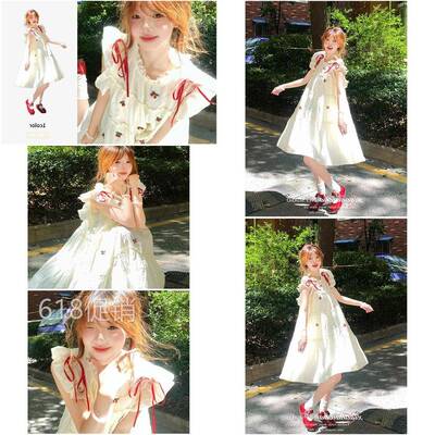 白色少女感1/4吋套筒扳手袖樱桃刺绣洋装女夏季小个子宽松减龄娃