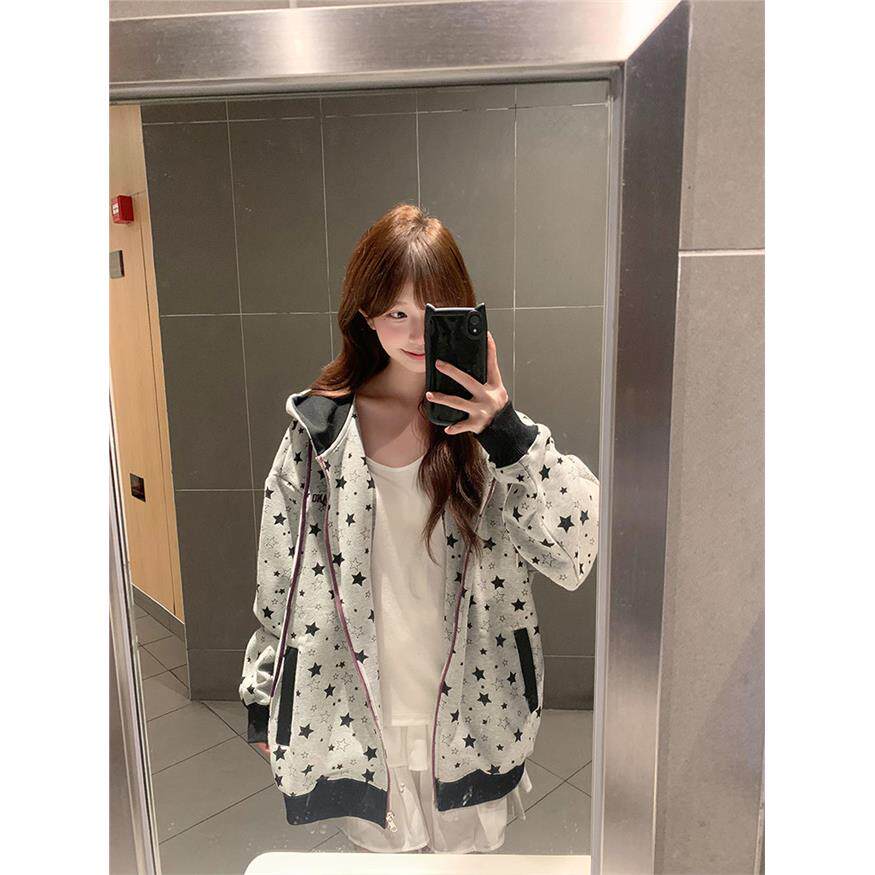 满印星星连帽卫衣开衫女秋季薄款oversize小众设计感拉炼外套美式
