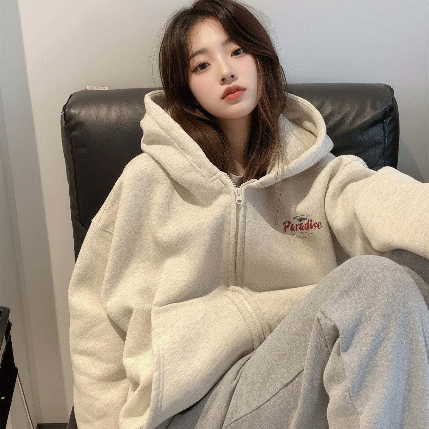 灰色连帽卫衣外套女款春2026新款宽松春季开衫薄款慵懒风拉链上衣