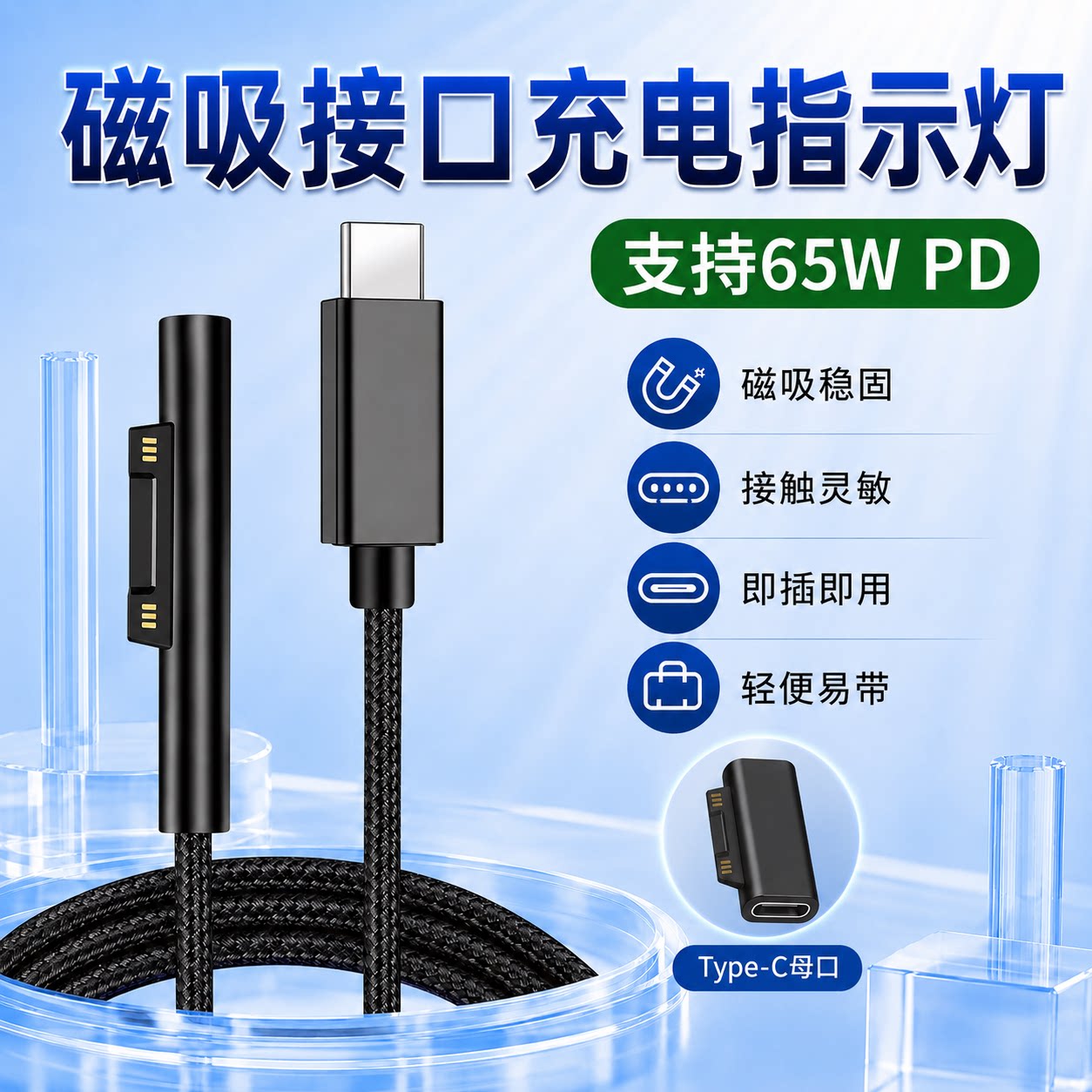 磁吸充电Type-C65W快充数据线图片