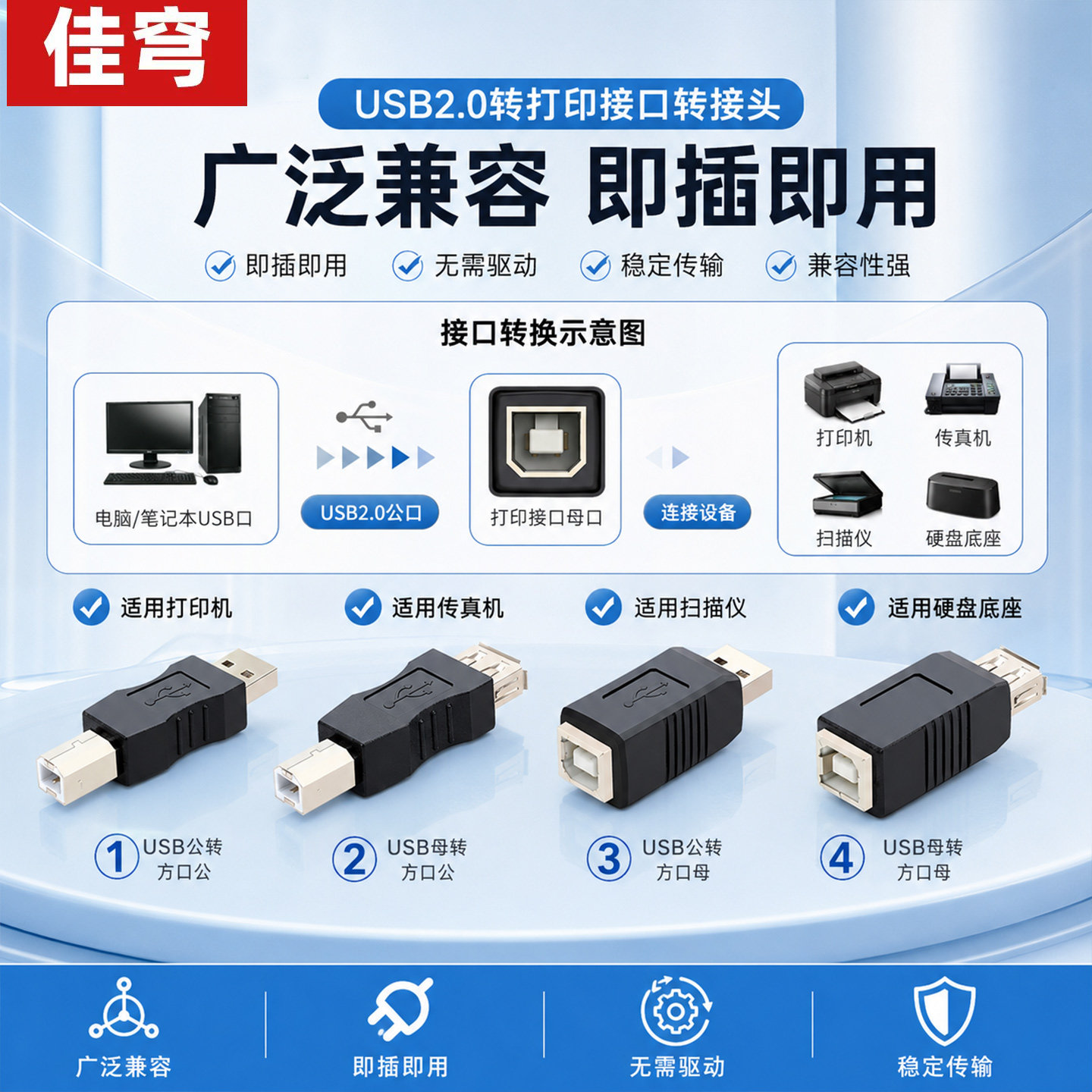 USB转方口打印线直头插头图片