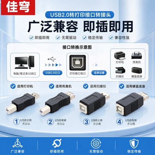 USB转方口打印线直头插头