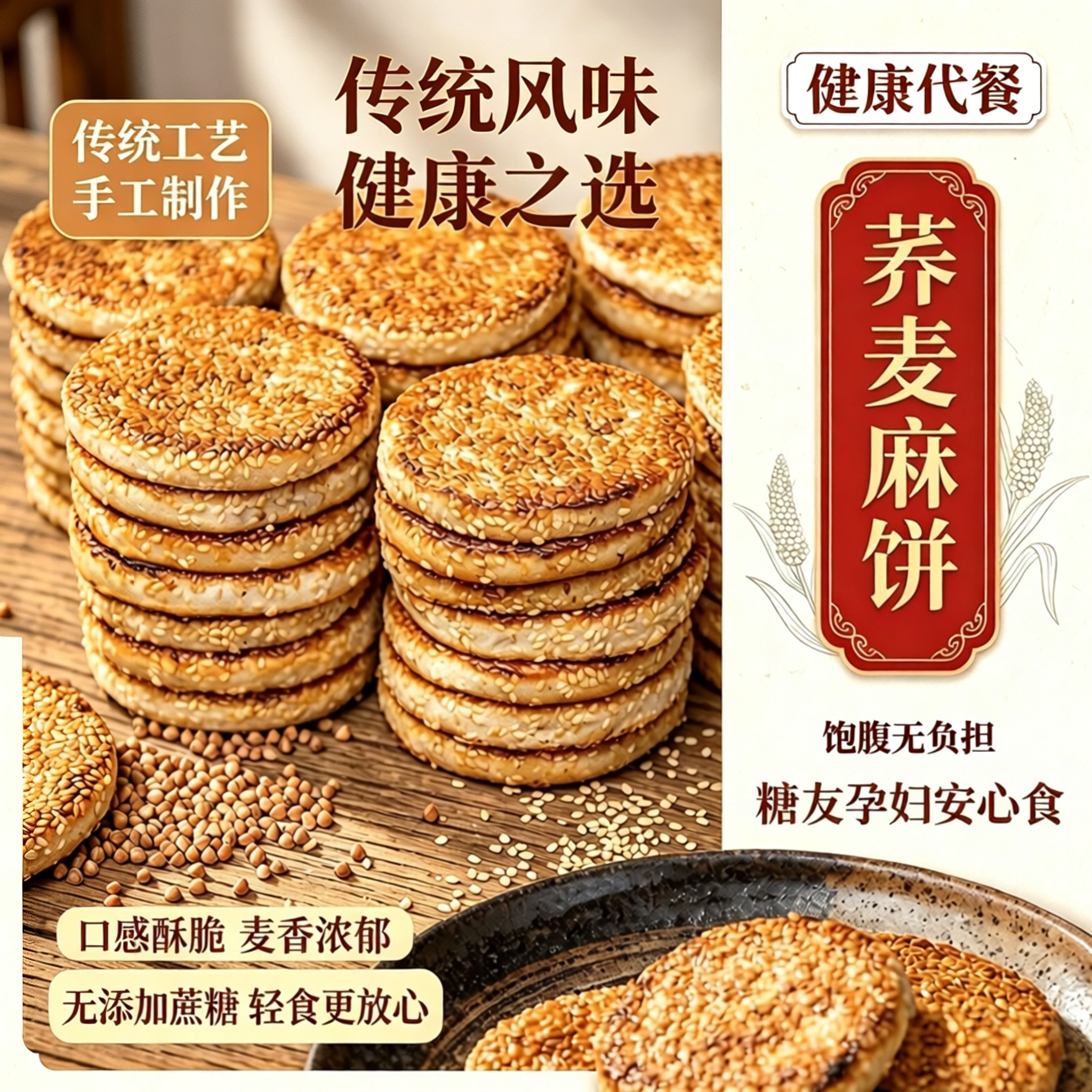 荞麦麻饼木糖醇代餐糖友无蔗糖抗饿解馋老式糕点休闲零食独立包装