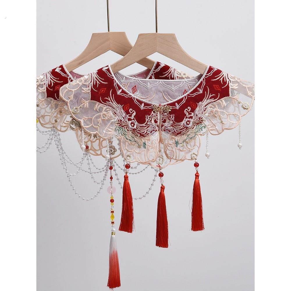 红色汉服云肩新中式拜年喜庆装饰假衣领女流苏礼服小披肩坎肩国风