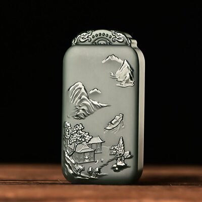 甄选双面精雕新疆和田玉塔青细料观音吊坠释迦牟尼佛玉牌款山水牌