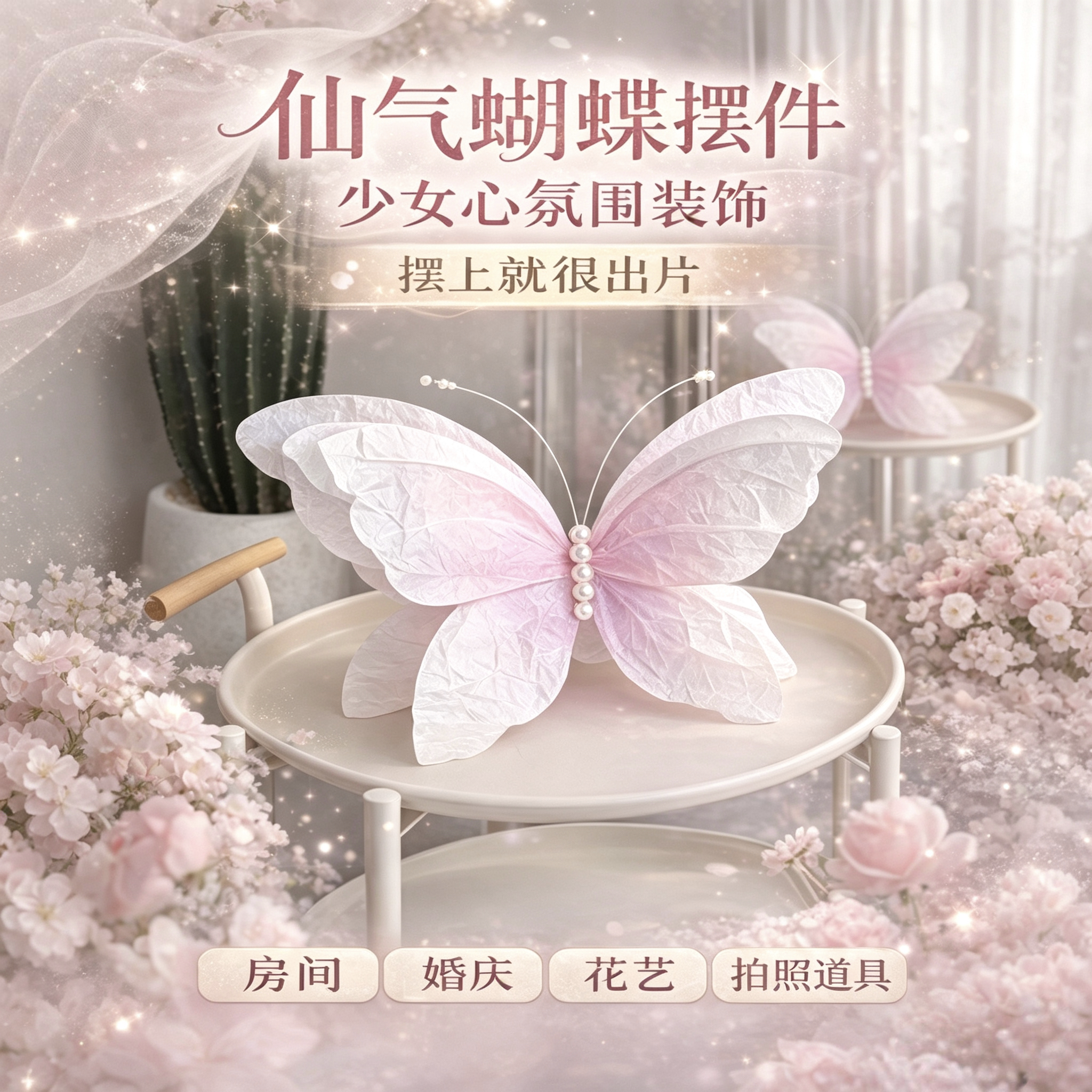 新款粉色仙女蝴蝶摆件手工纸艺拍照道具婚庆甜品台装饰房间布置