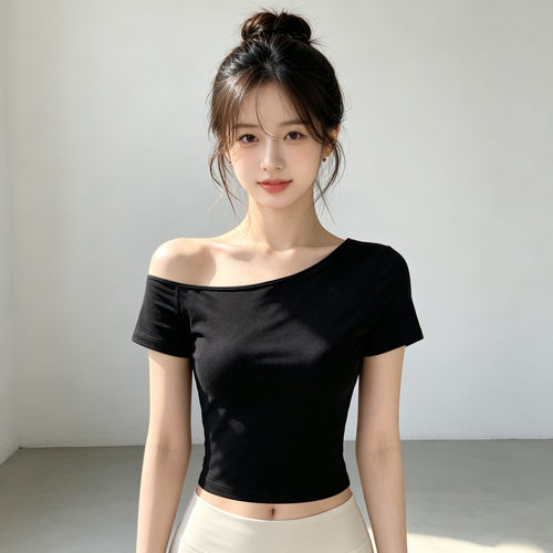 斜肩短款短袖t恤女夏季2026新款性感辣妹露脐上衣百搭TG0828