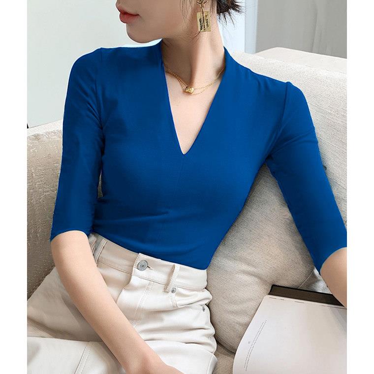 优雅气质显瘦v领女t恤中袖修身打底衫蓝色紧身上衣短袖2026春夏