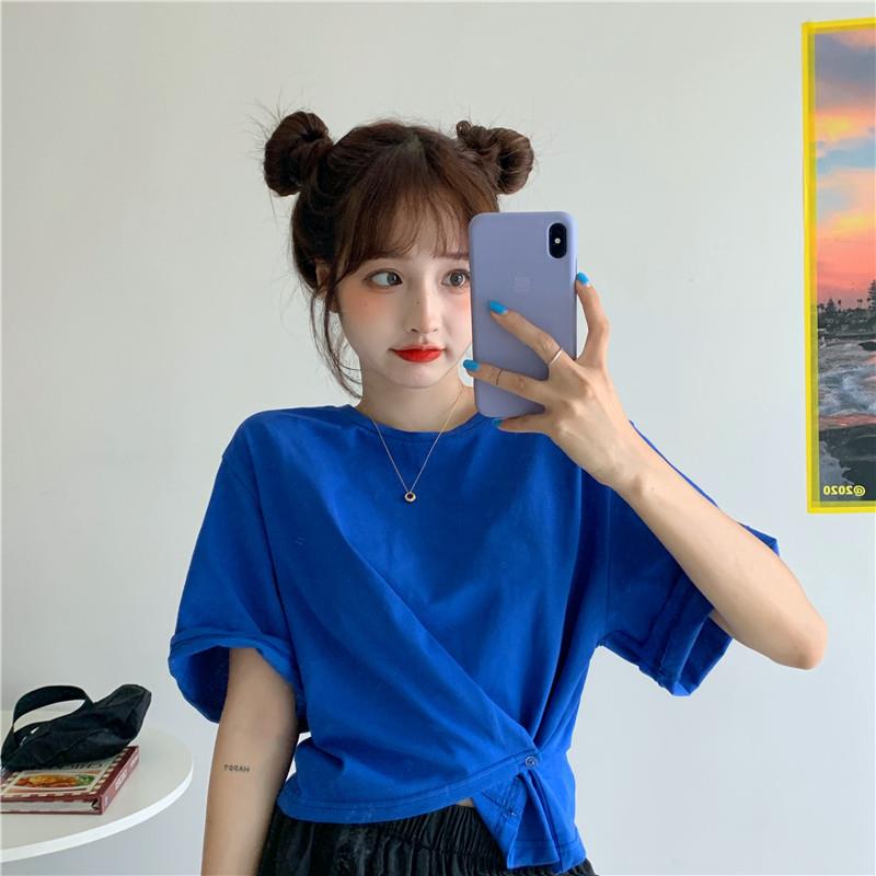 不规则克莱因蓝t恤女短袖短款上衣宝蓝色夏独特漂亮小众2025新款