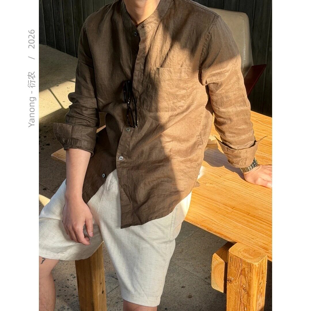 男士亚麻长袖衬衫松弛老钱夏季新款透气立领上衣休闲高级长袖衬衣