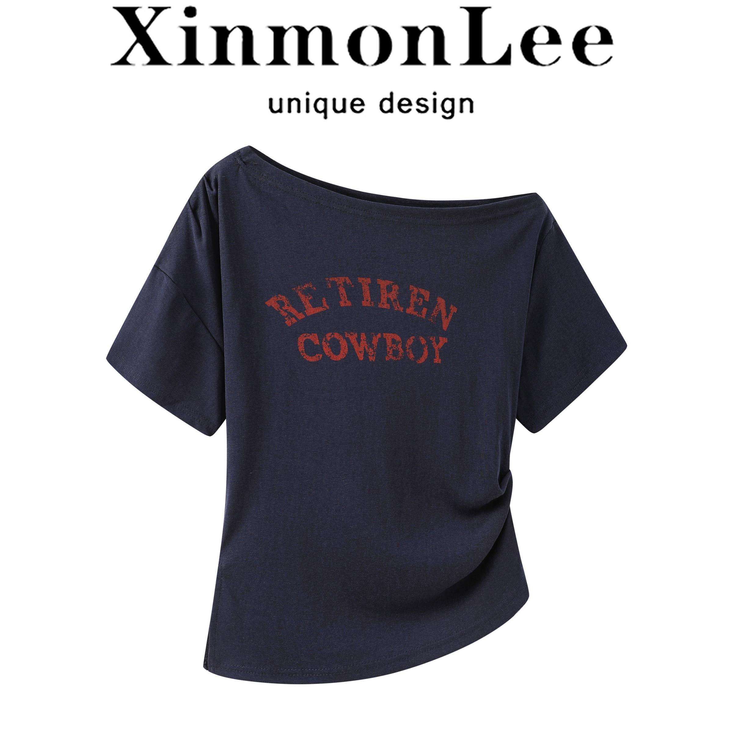 XinmonLee韩式小众不规则斜肩字母印花短袖T恤女夏季修身显瘦上衣