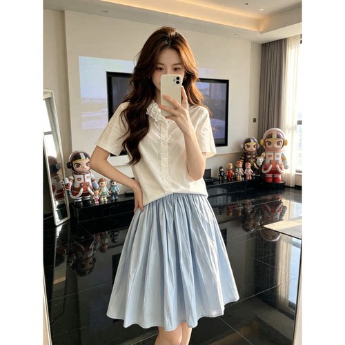 parkyeon立体花朵装饰宽松短袖衬衫女夏新款高腰褶皱半身裙套装