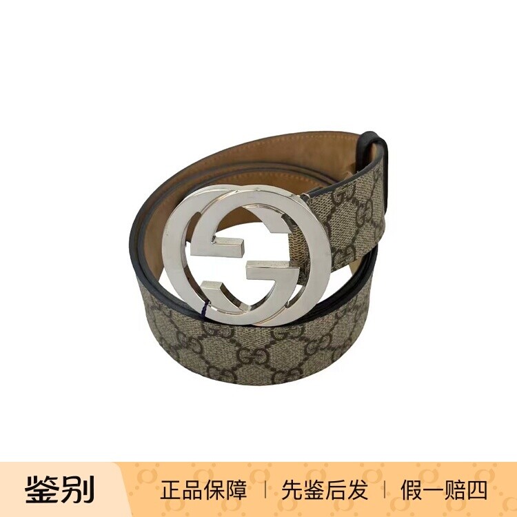 Gucci/古驰 银标大双G棕色印花麂皮内里腰带4cm 闲置痕迹休闲经典