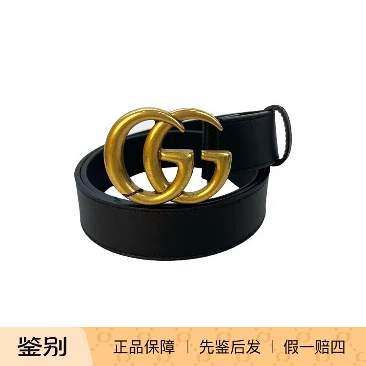 Gucci/古驰 复古金标黑色光面腰带 3CM宽 使用闲置痕迹休闲经典